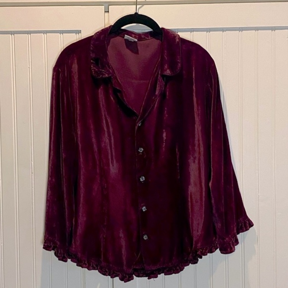 CP Shades Vintage Burgundy Velvet Button Down Top with Ruffle Detailing …